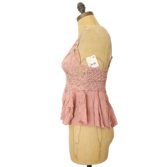 Free People Intimately Adella Cami S Mauve Pink Lace Tiered Peplum Crop NWT B85 - Picture 5 of 6